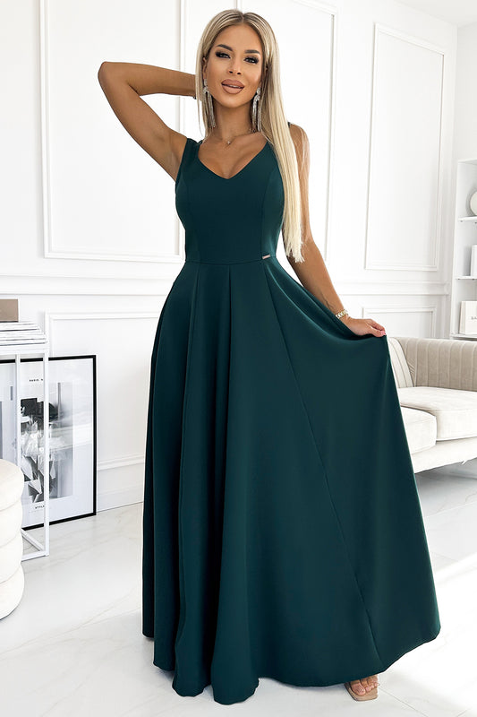 18702-1-246-5 CINDY długa elegancka suknia z dekoltem - ZIELONA-1